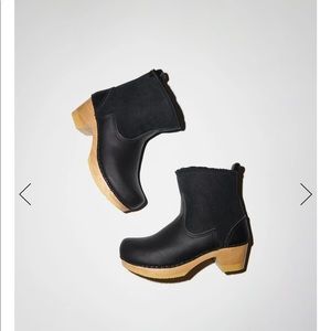 No. 6 5" Pull on Shearling Clog Boot on Mid Heel in Black Suede